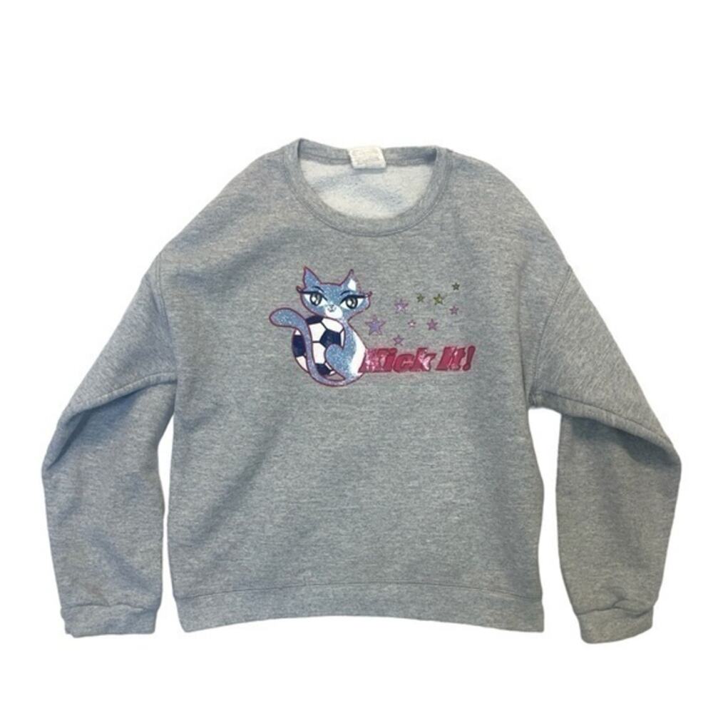 Hanes Soccer Ball Cat Sweatshirt Girl’s 7-8 Kick It graphic design gray